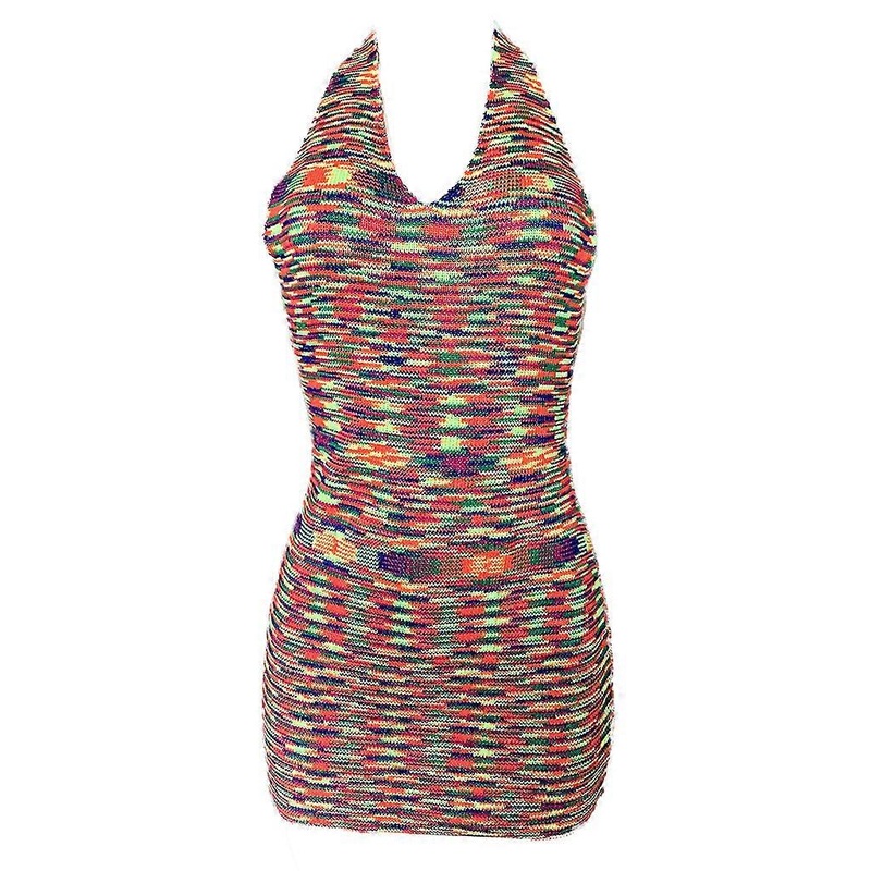 Womens Sexy Halter V-Neck Backless Knitted Bodycon Mini Dress Rainbow Striped Package Hip Beach Sundress Party Clubwear  Red | Fruugo SG