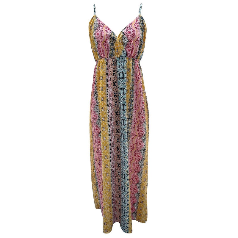 Womens Spaghetti Strap Sexy V-Neck Maxi-Long Dress Boho Geometric Printed Open Back A-Line Swing Holiday Beach Dresses  Yellow XL | Fruugo SG