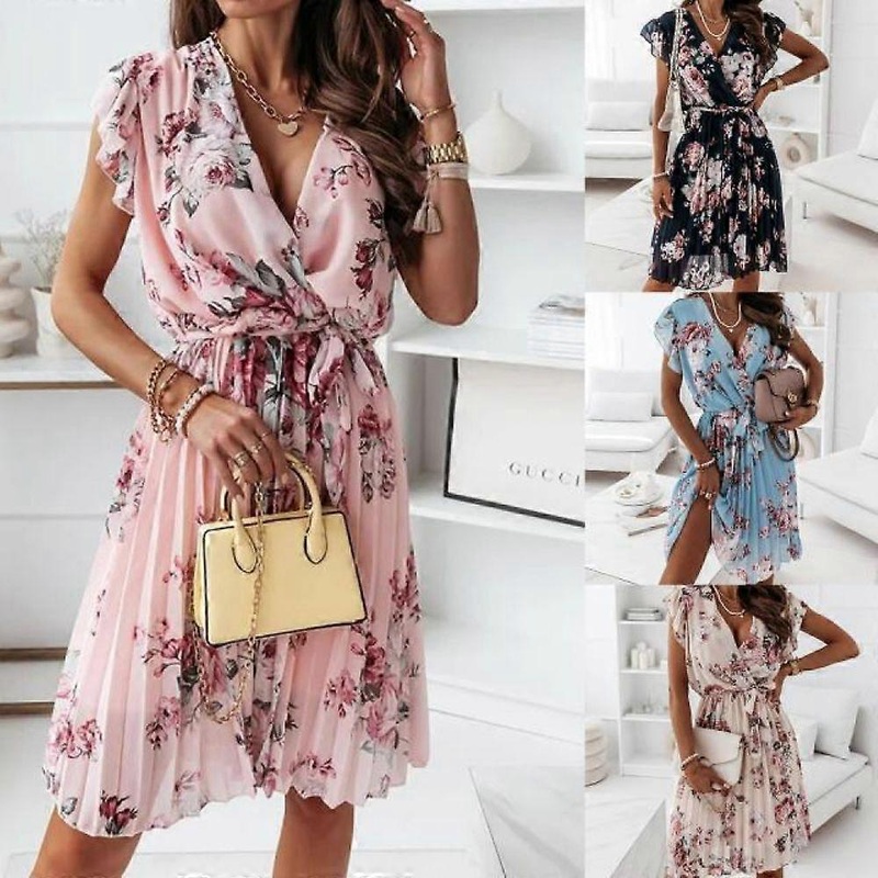 Womens Summer Dresses Casual Bohemian V-neck Ruffles Floral Printed Long Maxi Dress Ladies Short Sleeve Beach Dresses | Fruugo SG
