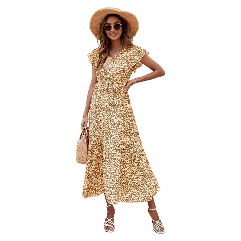 Womens Summer Flutter Short Sleeve Wrap V-Neck Belted Chiffon Long Dress Vintage Floral Print Ruffle Hem Flowy Dresses  Yellow XL | Fruugo SG