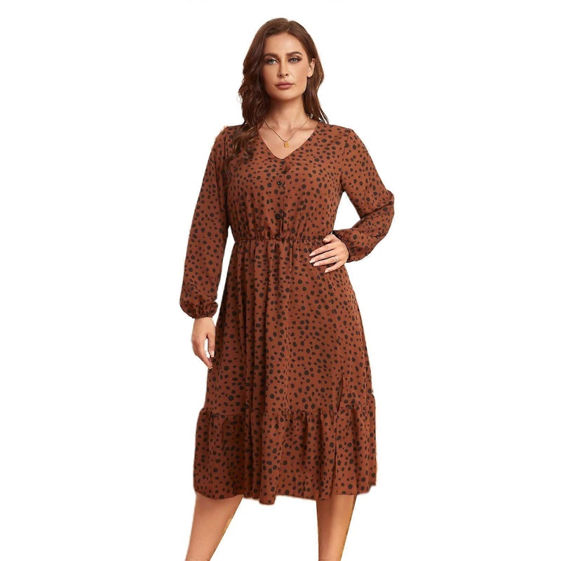 Womens V-Neck Button Midi Swing Dress Vintage Dots Printed Casual Puff Long Sleeve Side Split Ruffles Hem Swing Sundress  brown XL | Fruugo SG