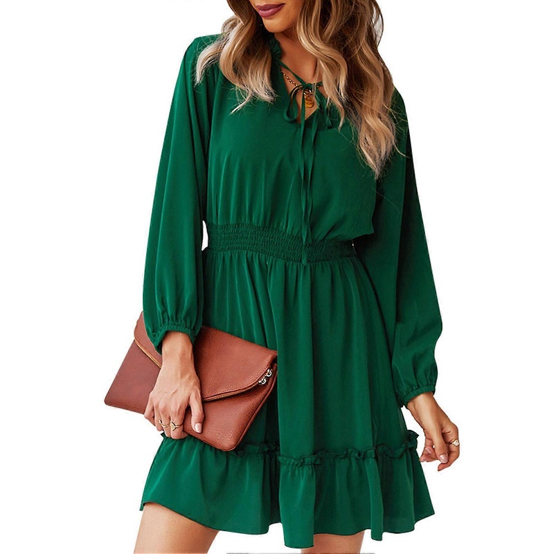 A Line Dress Puff Long Sleeve Drawstring V Neck Waist Slimming Casual Dress for Summer | Fruugo SG