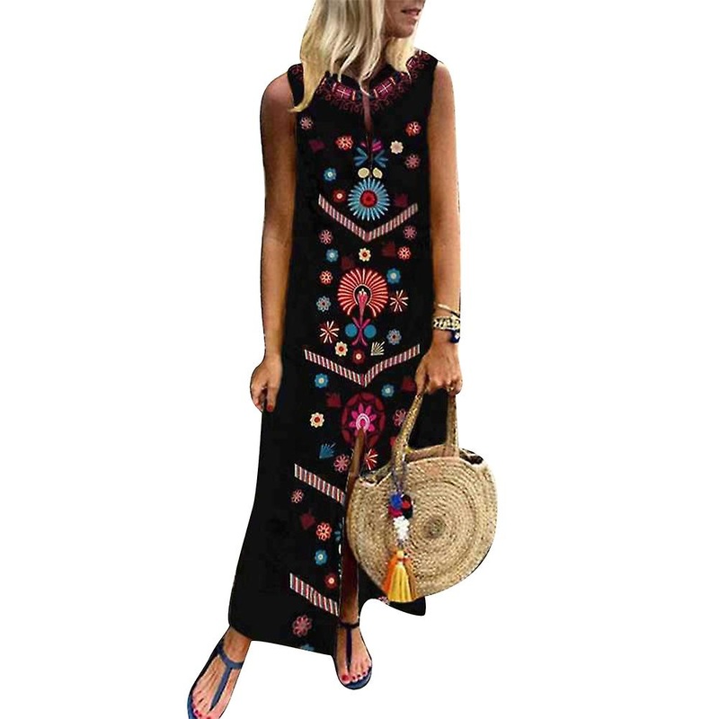 Boho Plus Size Summer Beach Floral Print Lady Split Sleeveless Kaftan Maxi Dress | Fruugo SG