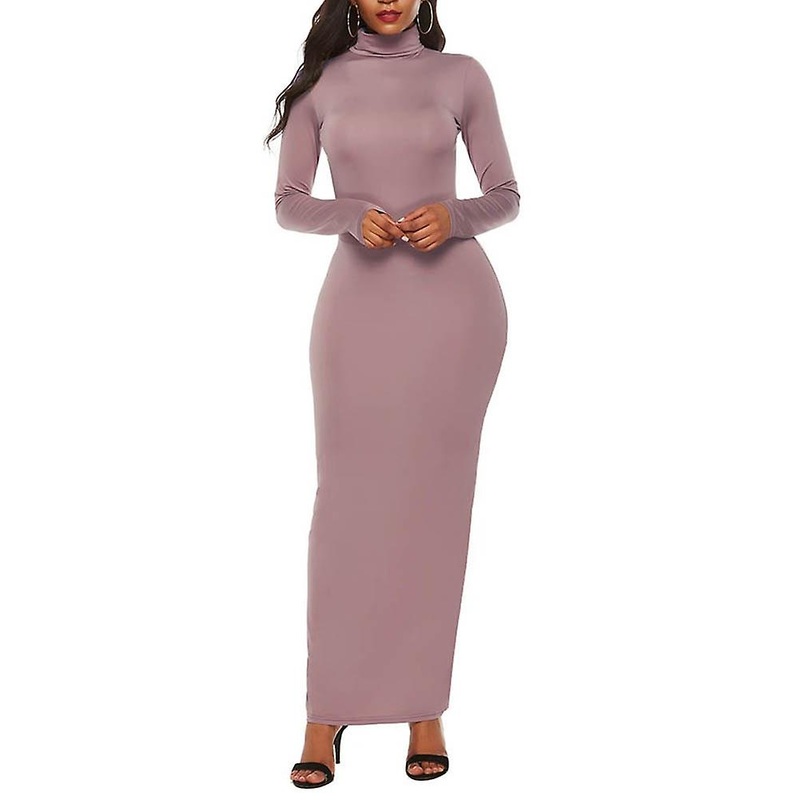Casual Women Solid Color Long Sleeve Turtle Neck Stretchy Bodycon Long Dress | Fruugo SG