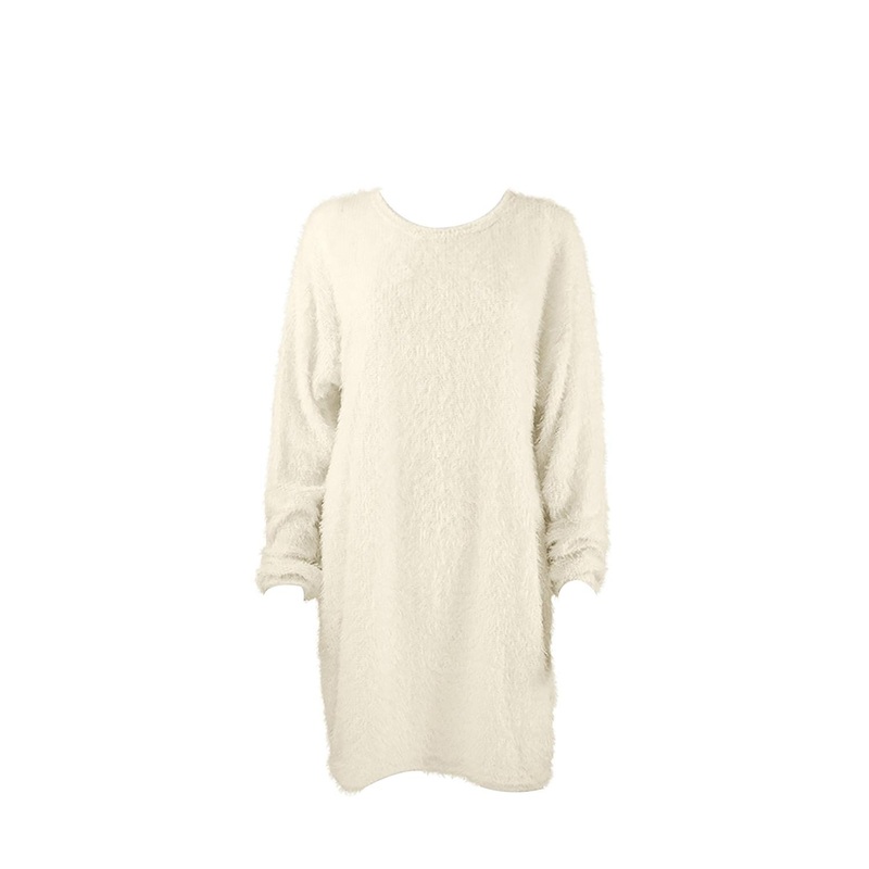 Chic Women Autumn Solid Color O Neck Sweater Fluffy Loose Knee-length Dress | Fruugo SG