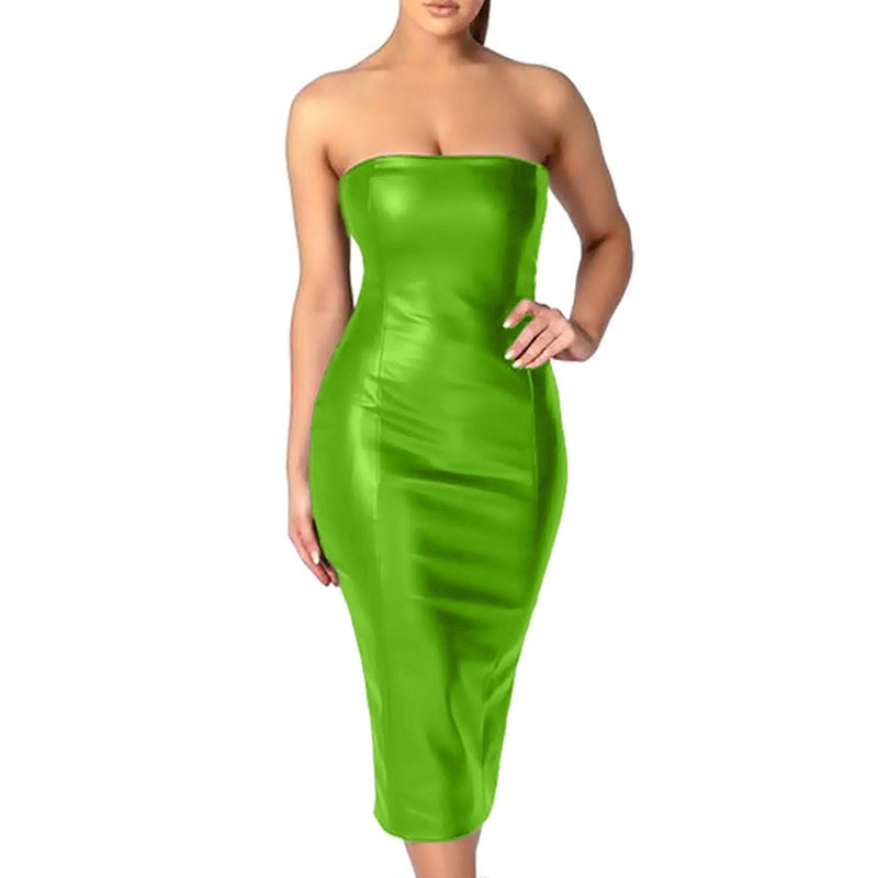 Elegant PU Strapless Midi Dress with Back Slit Women’s Clubwear for a Sexy and Sophisticated Look  Green XL | Fruugo SG