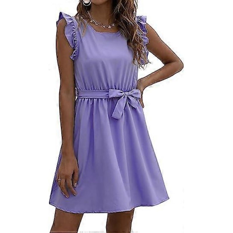 Women’s Casual Crewneck Ruffle Sleeve High Waist A-Line Swing Summer Mini Dress | Fruugo SG