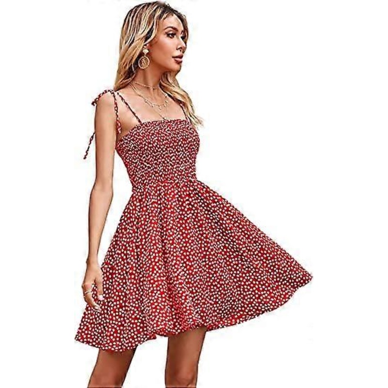 Women’s Polka Dot Tie Shoulder Cami Mini Dress Sleeveless Shirred A Line Skater Flare Dresses | Fruugo SG