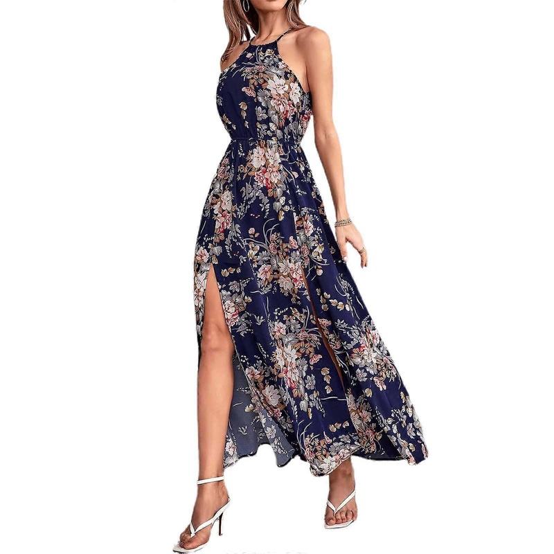 Womens Halter Tie Back Sleeveless Flowy Maxi-Long Dress Boho Floral Print Sexy Side Split A-Line Holiday Swing Dresses  navy blue pink flowe XL | Fruugo SG
