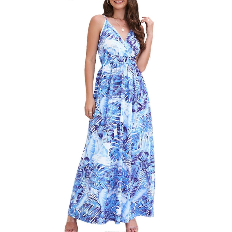 Womens Slip Bohemian Style Spaghetti Strap V Neck High Waist Flower Prints Maxi Dress for Party Wedding Travel | Fruugo SG