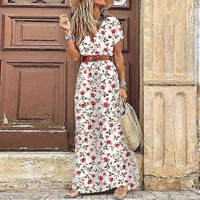 Womens Summer V Neck Floral Dress Ladies Holiday Beach Boho Maxi Dress Size 6-20 | Fruugo SG