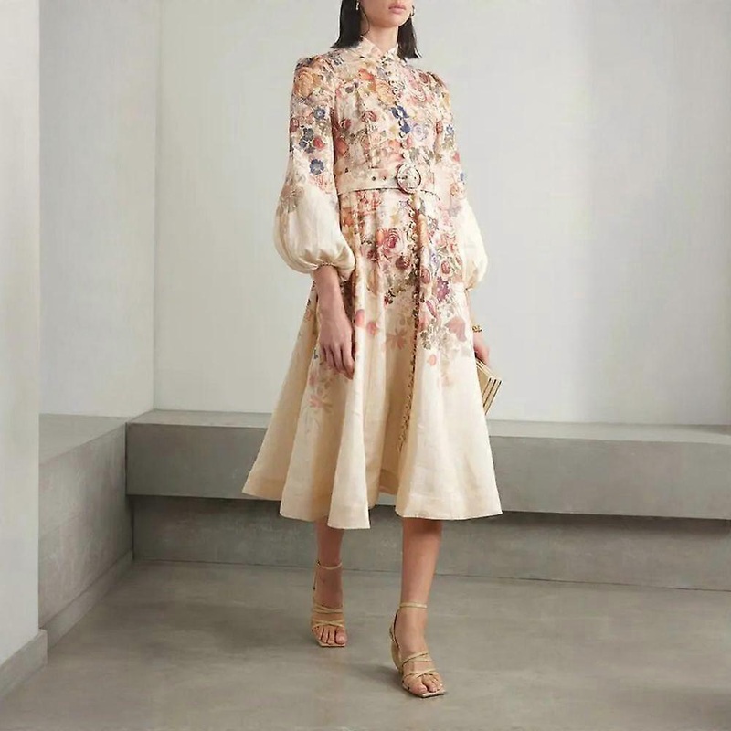 Zim Style Luminosity Belted Printed Linen Midi Dress | Fruugo SG