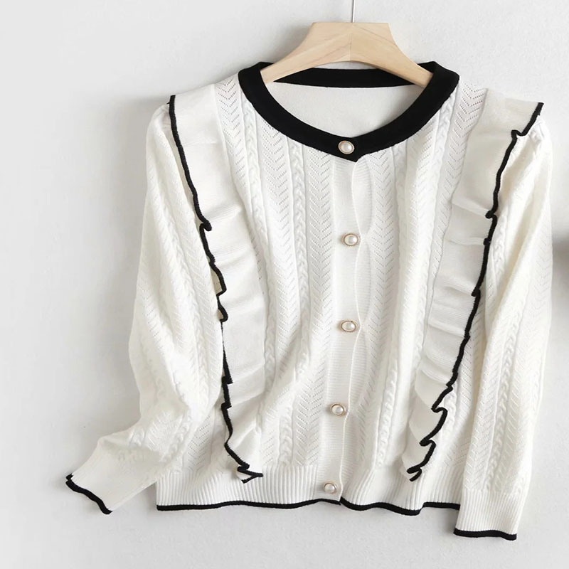 Ladies Ruffled Front Contrast Colour Long Sleeve Knitted Cardigan – Sweater and Ladies Sweater price