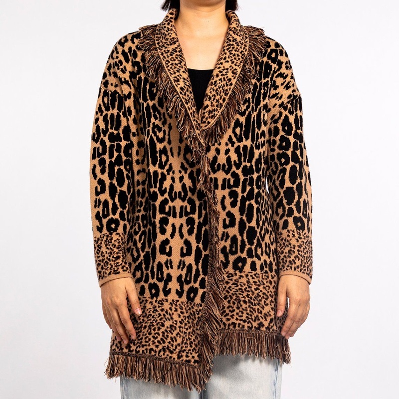 Winter Customized Fringed Leopard Print MID-Length Knit Long Sleeve Sweater Cardigan for Women – Spring Cardigan and Knit Top price