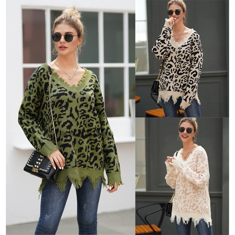 Autumn Winter Women Loose Leopard Print Knit Pullover Sweater – Women Knit Sweater and Wholesale Sweater Women price