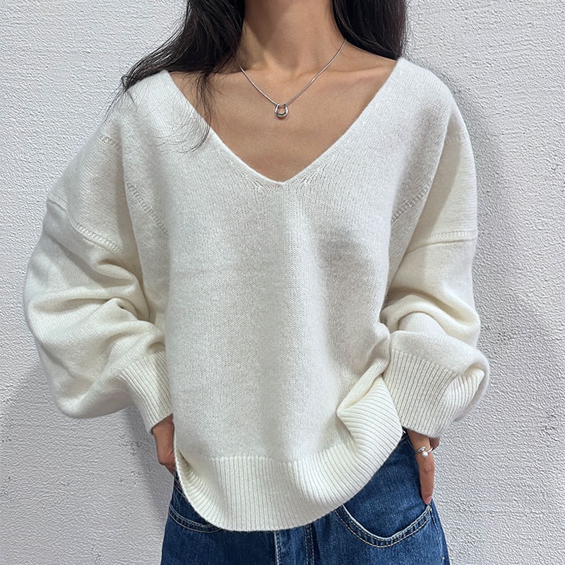 Casual Loose Simple Solid Color Soft V-Neck Long Sleeve Pullover Womens Wool Sweater – Color Contrast Element and Casual Top price