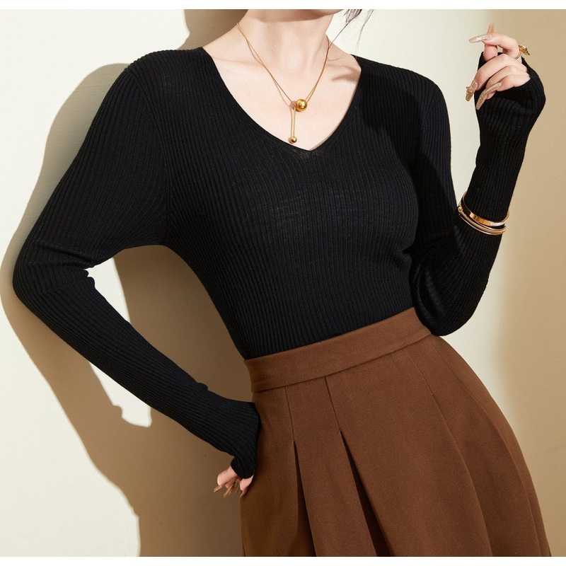 Slim-Fit Solid Color Merino Wool Sweater – Womens Seamless V-Neck Essential Top – Wool Sweater and Womens Sweater price