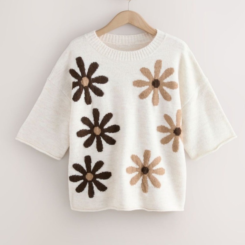 Stylish White Short Sleeve Sweater with Beautiful Floral Jacquard – Women Clothes and Women Pullover Sweater price
