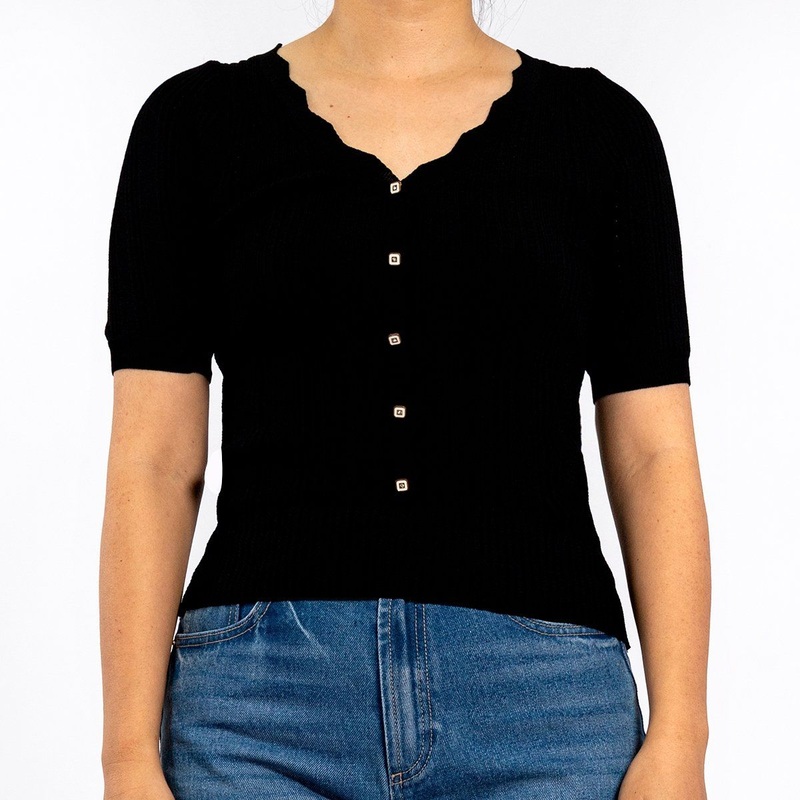 Summer Crop Tops Wave Collar Edge Short Sleeve Pullover Black Women Shirts – Women Sweater and Crop Tops price