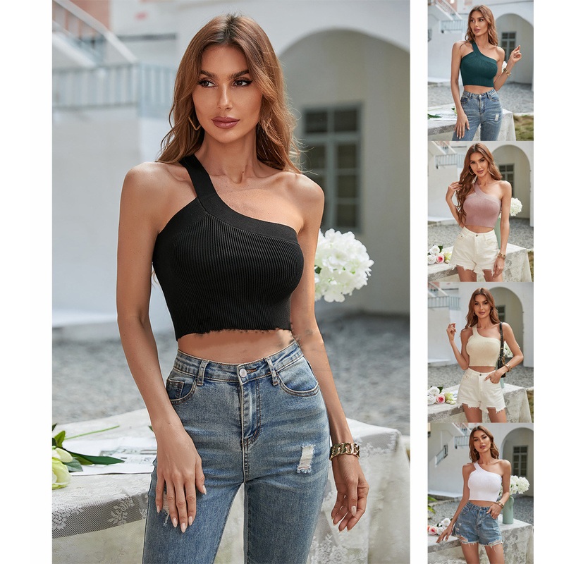 Summer Slim Sleeveless off Shoulder Women Cropped Top Knitted Vest – Summer Vest and Knit Sweater Top price