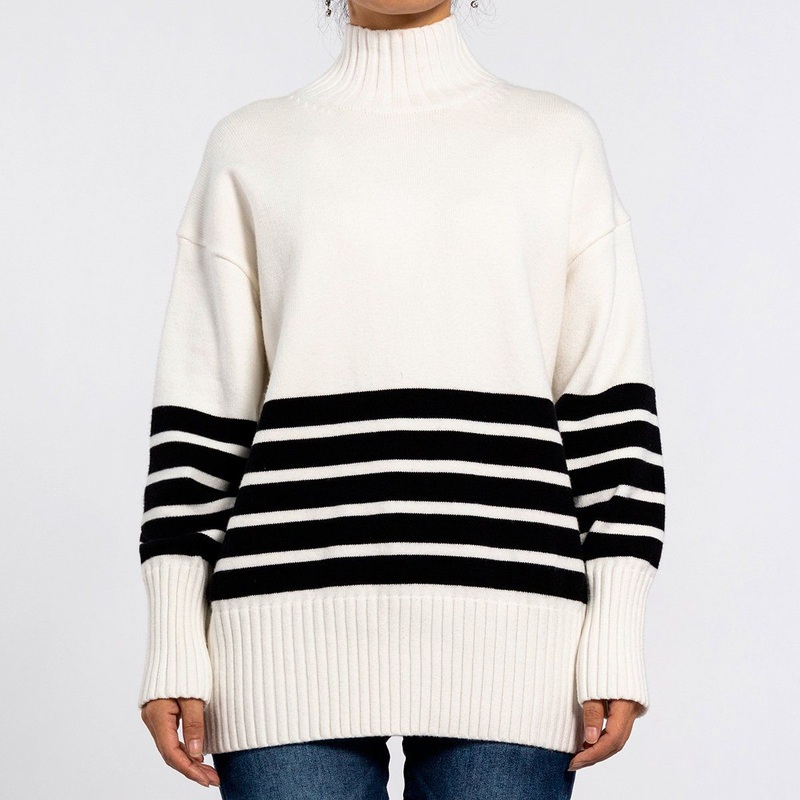 Winter Thick Top Stripe Stitching Loose Knitted Pullover Long Sweaters for Women – White Sweater for Women and Ladies Sweater price