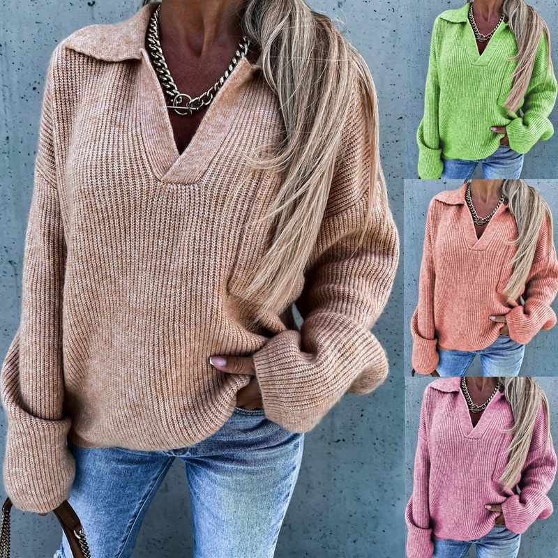 Winter V-Neck Women Casual Loose Pure Color Knit Pullover Sweater – Women Knit Sweater and Women Plain Sweater price