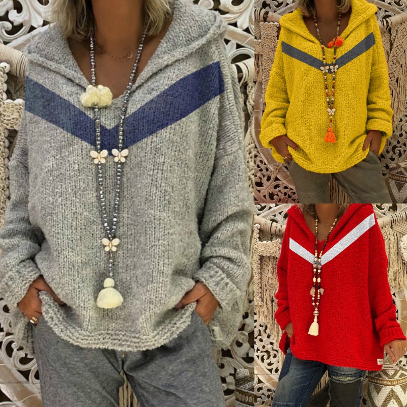 Women Casual Long Sleeve Loose Pullover V-Neck Hooded Knitted Sweater – Pullover Sweater and Women Winter Sweater price|<span style="color:black;"><span><span><span>Color: