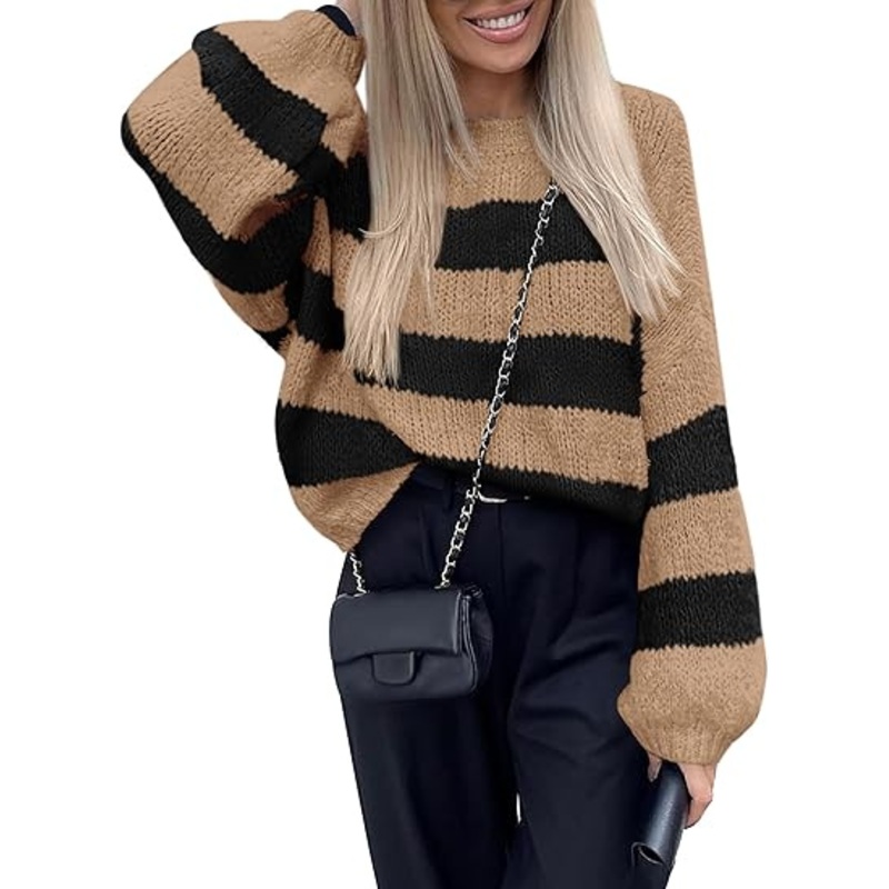 Women Lantern Long Sleeve Striped Sweater Casual Chunky Knit Pullover Sweater – Knit Pullover Sweater and Casual Chunky Knit Pullover price