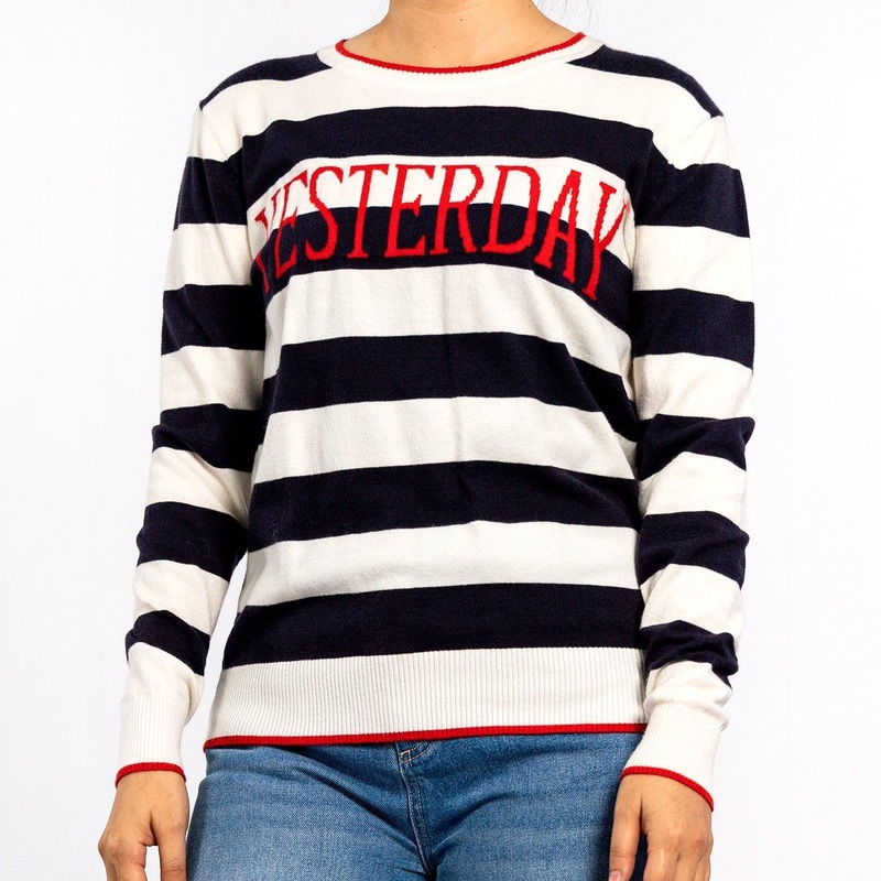Womens Round Neck Embroidered Letters Logo Long Sleeve Pullover Knit Top Striped Sweater – Women Sweater and Striped Sweater price