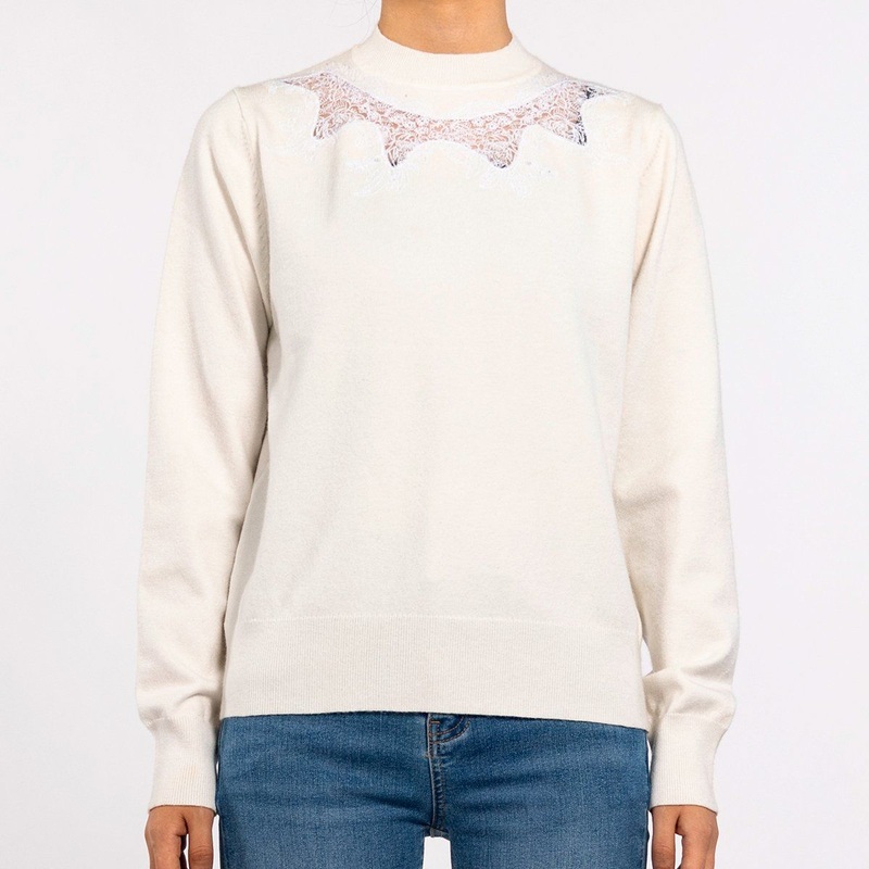Casual Regular Knit Top White Lace Crew Neck Sweater for Women – Knitted Sweater and Fall Sweaters for Women price