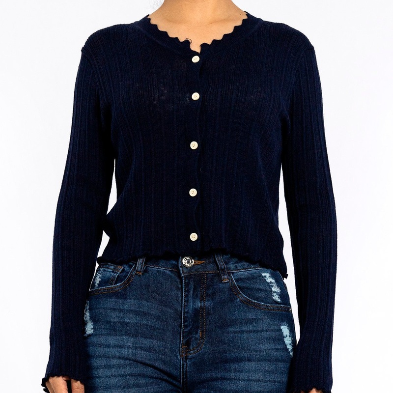 Knitted Round Neck Pit Strip Ruffle Neckline Long Sleeve Navy Blue Cardigan for Women – Cardigan in Sweater and Lightweight Cardigan Women price