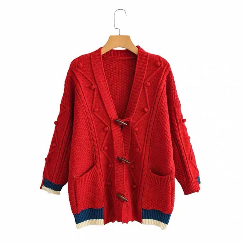 Ladies Long Knitted Cardigan Red Color Contrast Color with Horn Buttons – Sweater and Ladies Sweater price