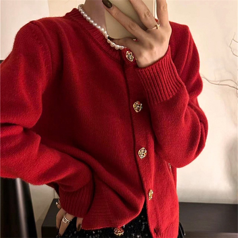 Nnr Red Flower Long Sleeve Button Style Girl Knit Cardigan Sweater for Women – Sweater and Women Sweater price