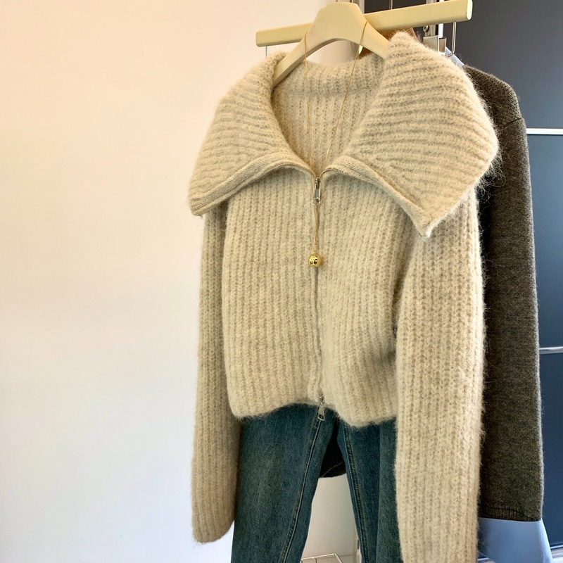One Shoulder Knitted Cardigan Korean Style Lapel Zipper Thickened Short Knitwear Cardigan – Short Knitwear Cardigan and Women Cardigan Coat price