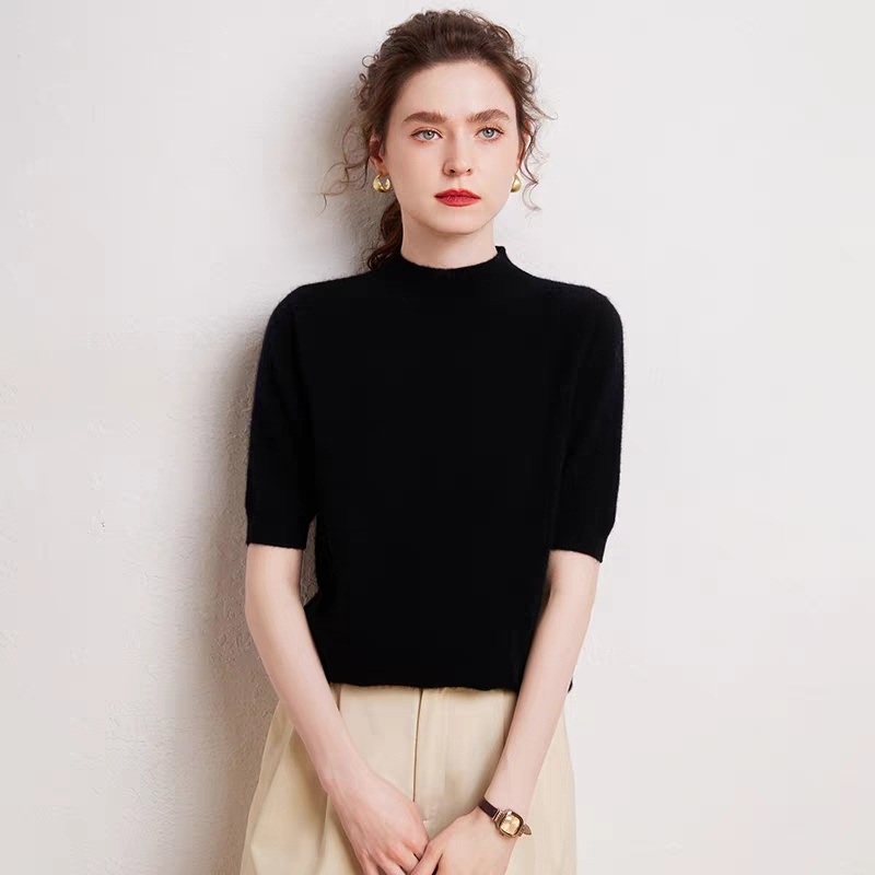 Silk Cashmere Knitted Women S Fashion Kosher Neck Solid Color Short-Sleeve Sweater Jumper – Women Sweater Short Sleeve and Turtleneck Women Sweater price