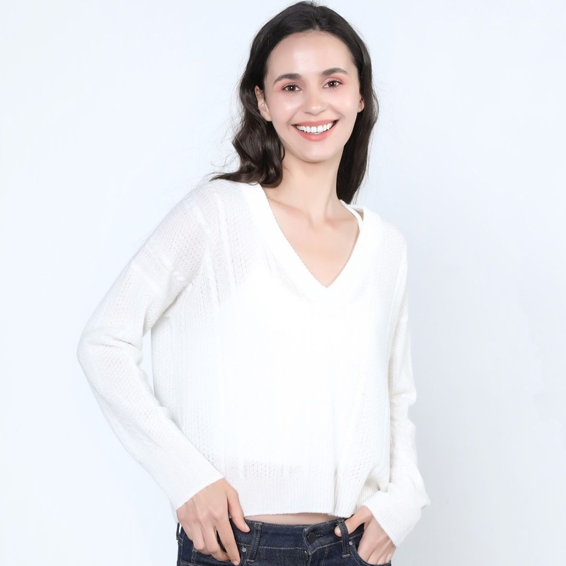 Spring Fashion Pointelle Cable Knit V-Neck Crop Cashmere Sweater – Sweater and Cashmere price