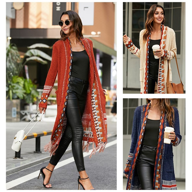 Spring Women Vintage Long Knit Print Tassel Loose Sweater Cardigan – Cardigan Sweater Coat and Long Cardigan Sweater price