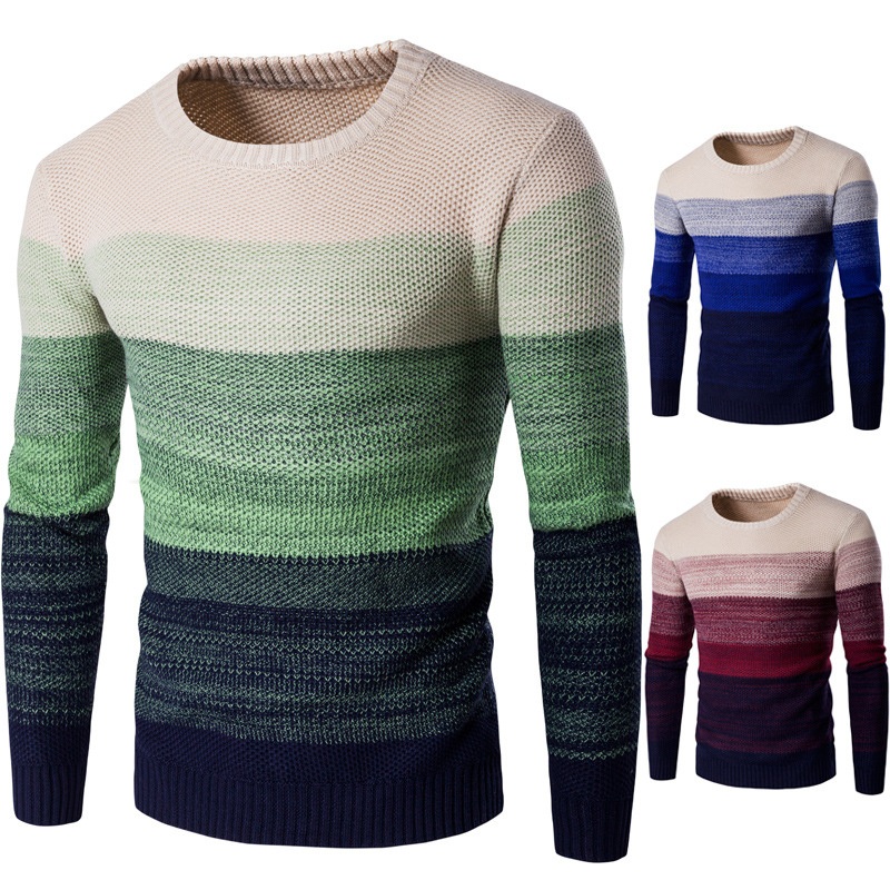 Striped Contrast Color O-Neck Long Sleeve Men Pullover Knit Sweater – Mens Winter Sweaters and Sweater for Men Pullover price