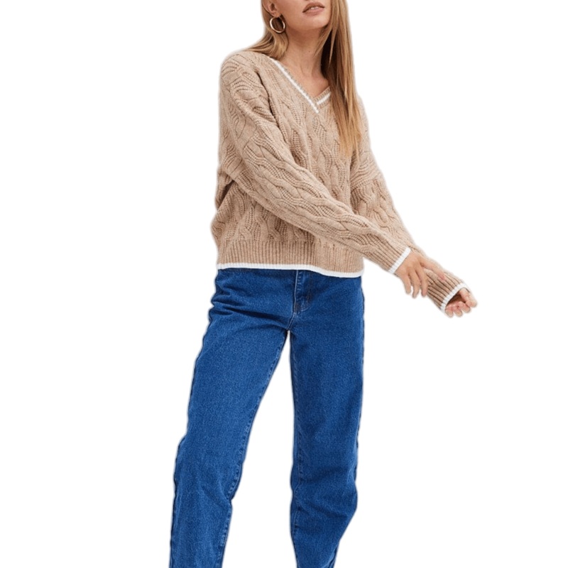 Stylish Khaki Cable Knit V-Neck Pullover Sweater for Women – Women Sweater and Cable Knit Sweater price