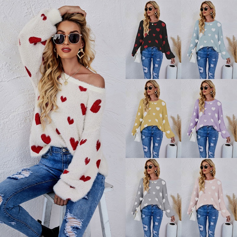 Women O-Neck Long Sleeve Heart Loose Knit Pullover Sweater – Crew Neck Sweaters and Sweater Tops for Ladies price