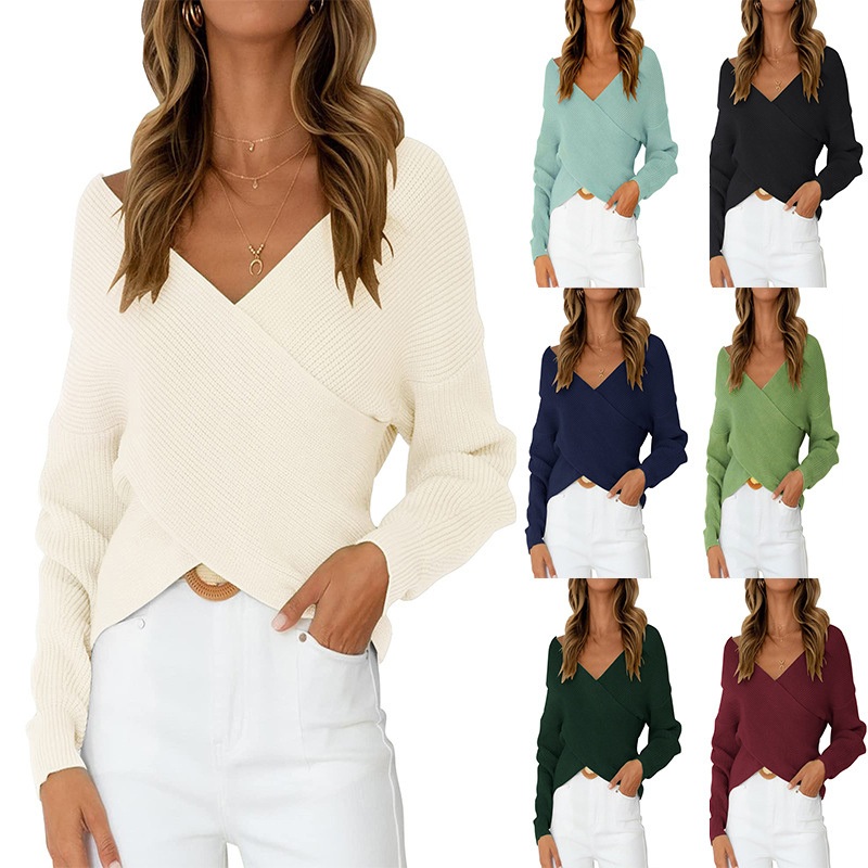 Women V-Neck Long Sleeve Solid Slim Knit Cross Pullover Sweater – Women Fall Sweaters and Long Sleeve Sweater price