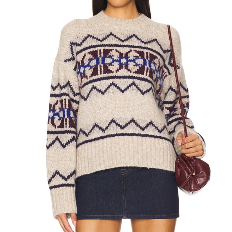 Womens Wool Jacquard Pattern Knit Pullover Vintage Crew Neck Long Sleeves Jumper Sweater – Women Pullover Wool Sweater and Wool Knit Jumper price