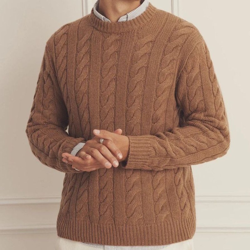 100% Cashmere Knitted Mens Fashion Luxe Cable-Rib Knit Crew-Neck Dark-Camel Pullover Sweater – Sweater and Cashmere price