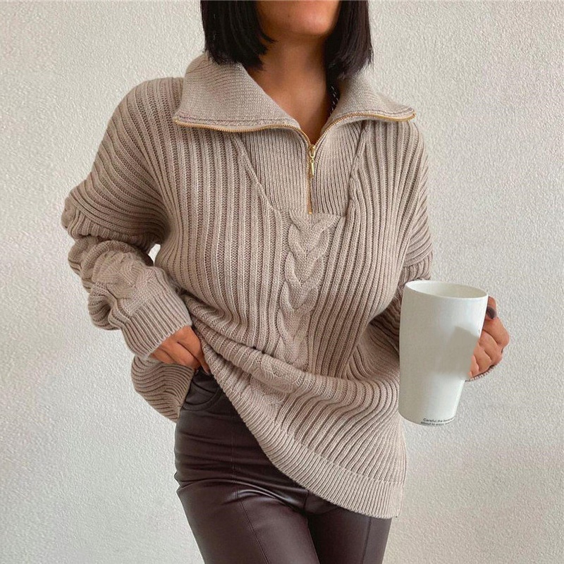 2022 Long Sleeve Polo Collar Zipper Loose Women Pullover Sweater – Pullover Sweater and Women Fall Sweaters price