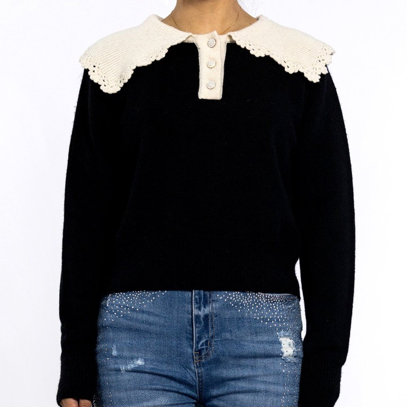 Autumn Lapel Button Soft Knitwear Black Sweaters for Women – Ladies Sweater and Knit Top price