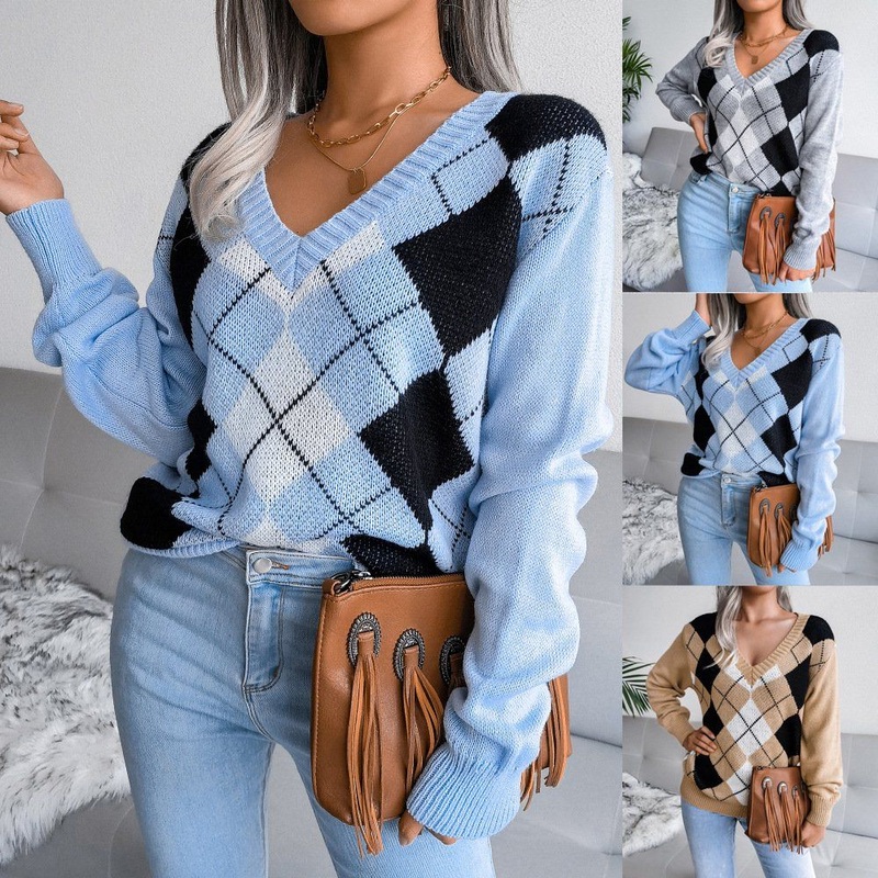 Casual Long Sleeve Diamond V-Neck Women Pullover Sweater – Women Sweater Knitwear and Design Sweater price
