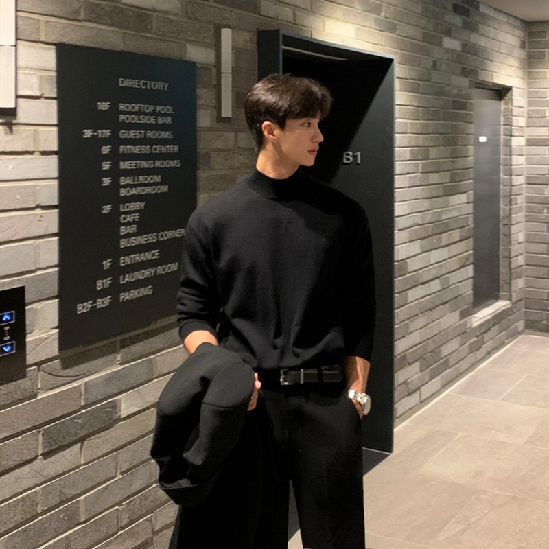 High Neck Sweater for Men in Autumn and Winter, Loose Korean Style Trend Black MID Neck Knitted Base Sweater and Thread Jacket – Neck Knitted Base Sweater and V Neck Pullover price