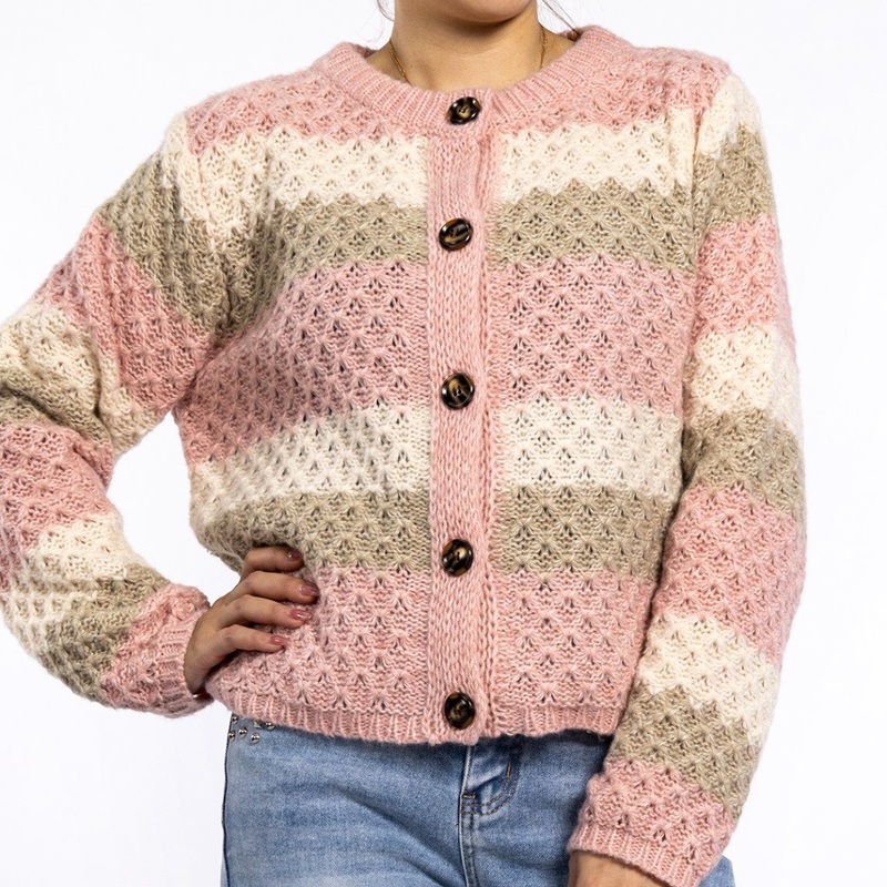 Spring and Autumn Hollow Collision Color Striped Long Sleeved Knitted Sweater Womens Cardigan – Sweaters for Women and Womens Jumper price