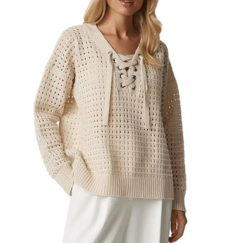 Trendy Womens Openwork Knit Pullover with Lace-up Detail – Openwork Women Sweater and Openwork Knit Sweater price