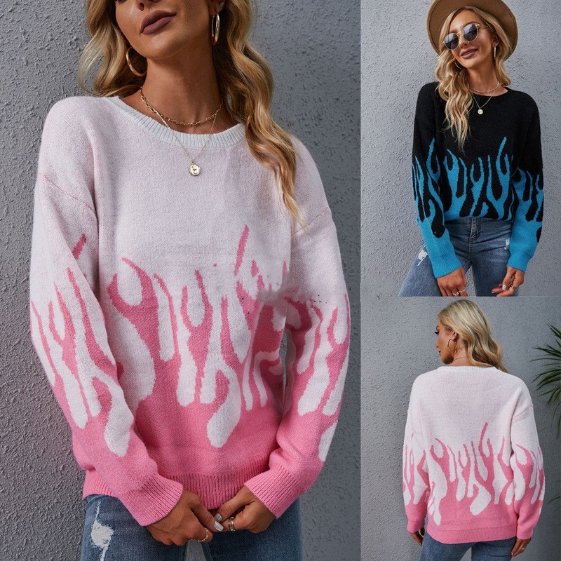 Wholesale Women O-Neck Long Sleeve Print Knit Pullover Sweater – Pullovers Lady Sweater Knitted and Women Winter Sweater price